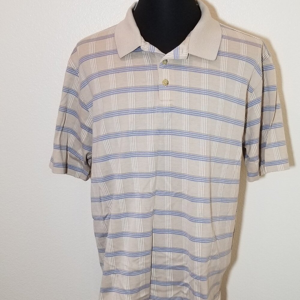 Joseph Abboud Mens Large Tan Plaid Pima Cotton Polo‎ Shirt Retro City Business
